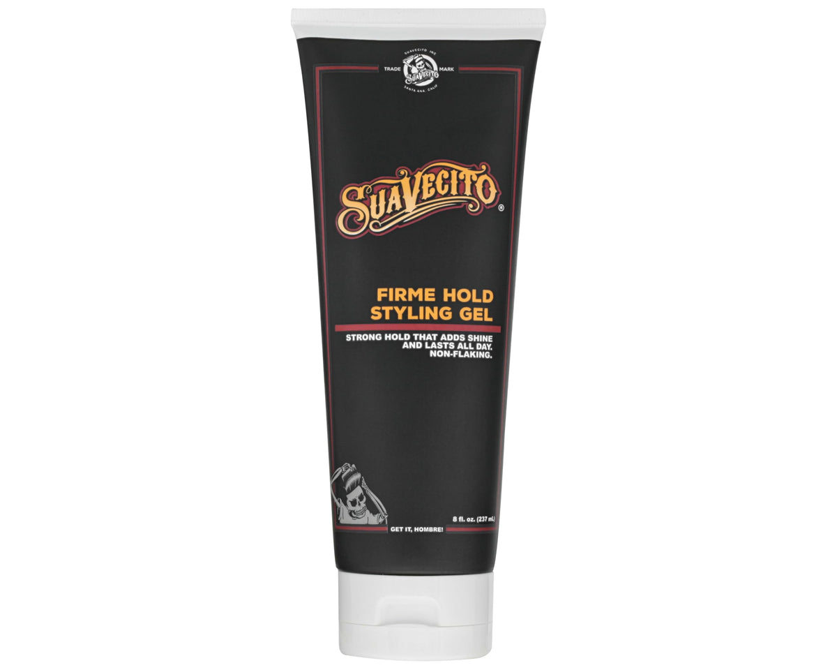 Suavecito Firme Hold bottle front shows strong all-day hold for any style