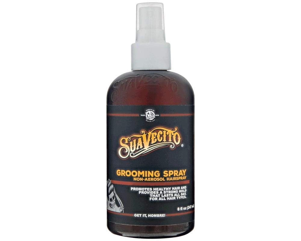 Suavecito Grooming Spray bottle with classic barber scent offering strong hold for all hair types.