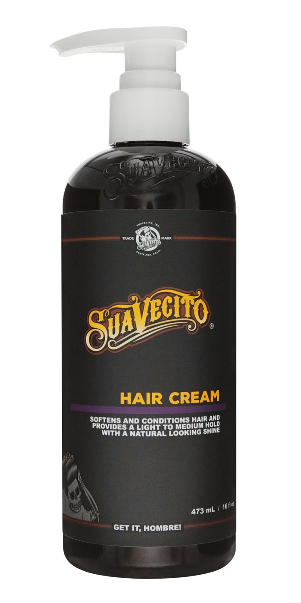 Suavecito Hair Cream pump bottle demonstrates softening and subtle shine.