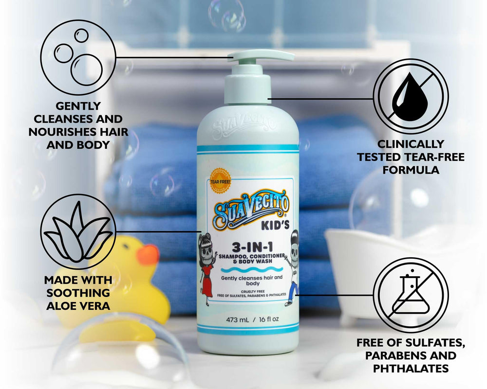 Child-friendly bath splash with Suavecito Kid 3-in-1 in action during washing.