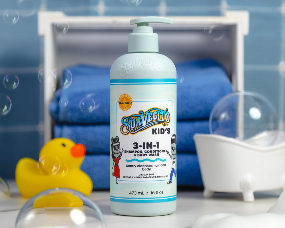 Cruelty-free seal visible on Suavecito Kid 3-in-1 packaging signaling ethical choice.
