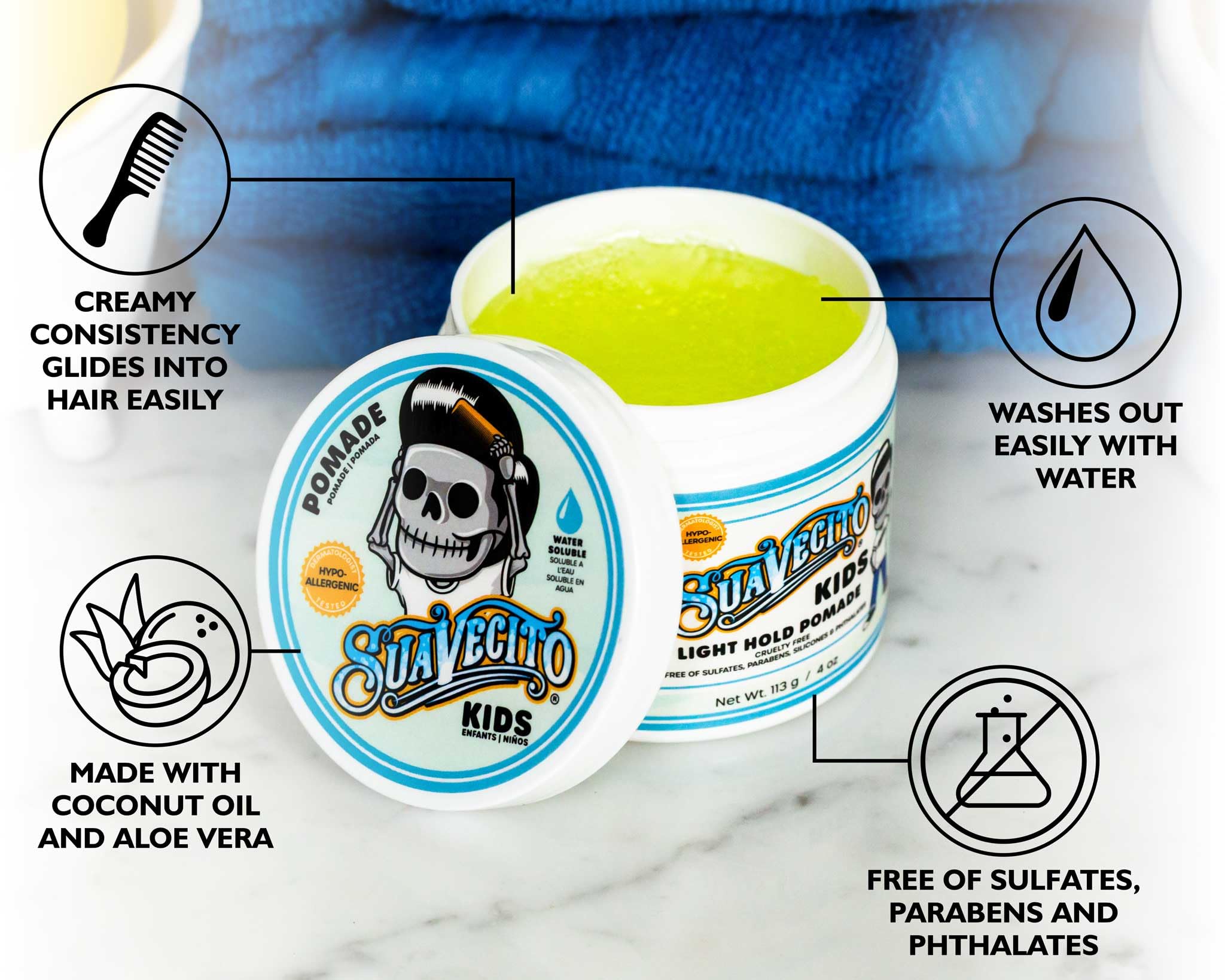 Suavecito Kids soft-hair final look after using water-based flaky-free pomade