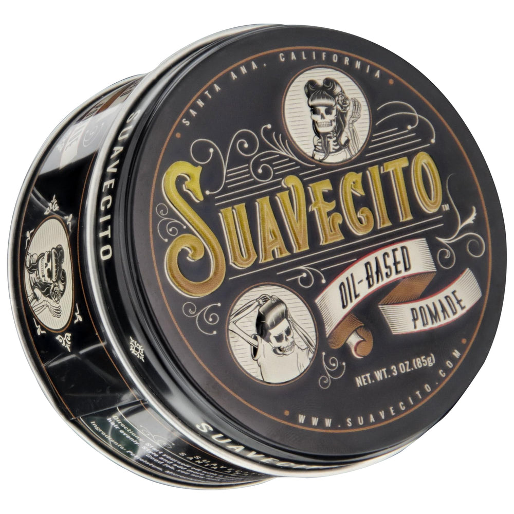 Suavecito oil based pomade application on thick hair shows texture.