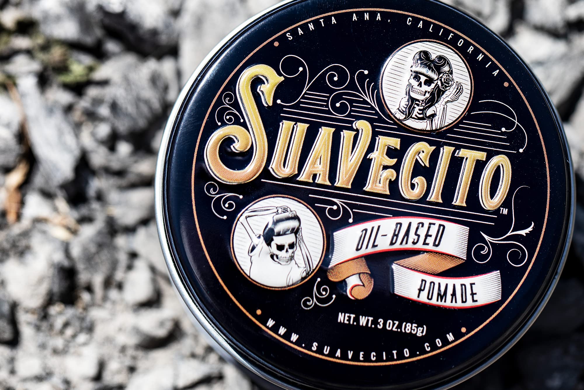 Suavecito oil based pomade hair slick-back look ready styling.