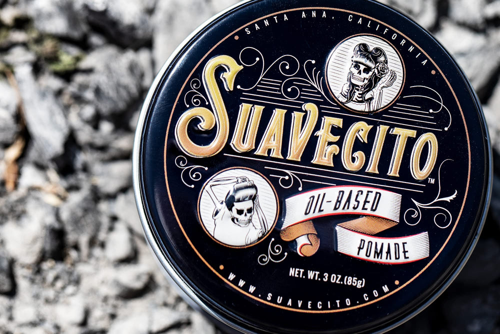 Suavecito oil based pomade hair slick-back look ready styling.