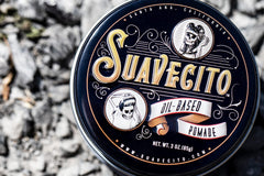 Suavecito oil based pomade hair slick-back look ready styling.