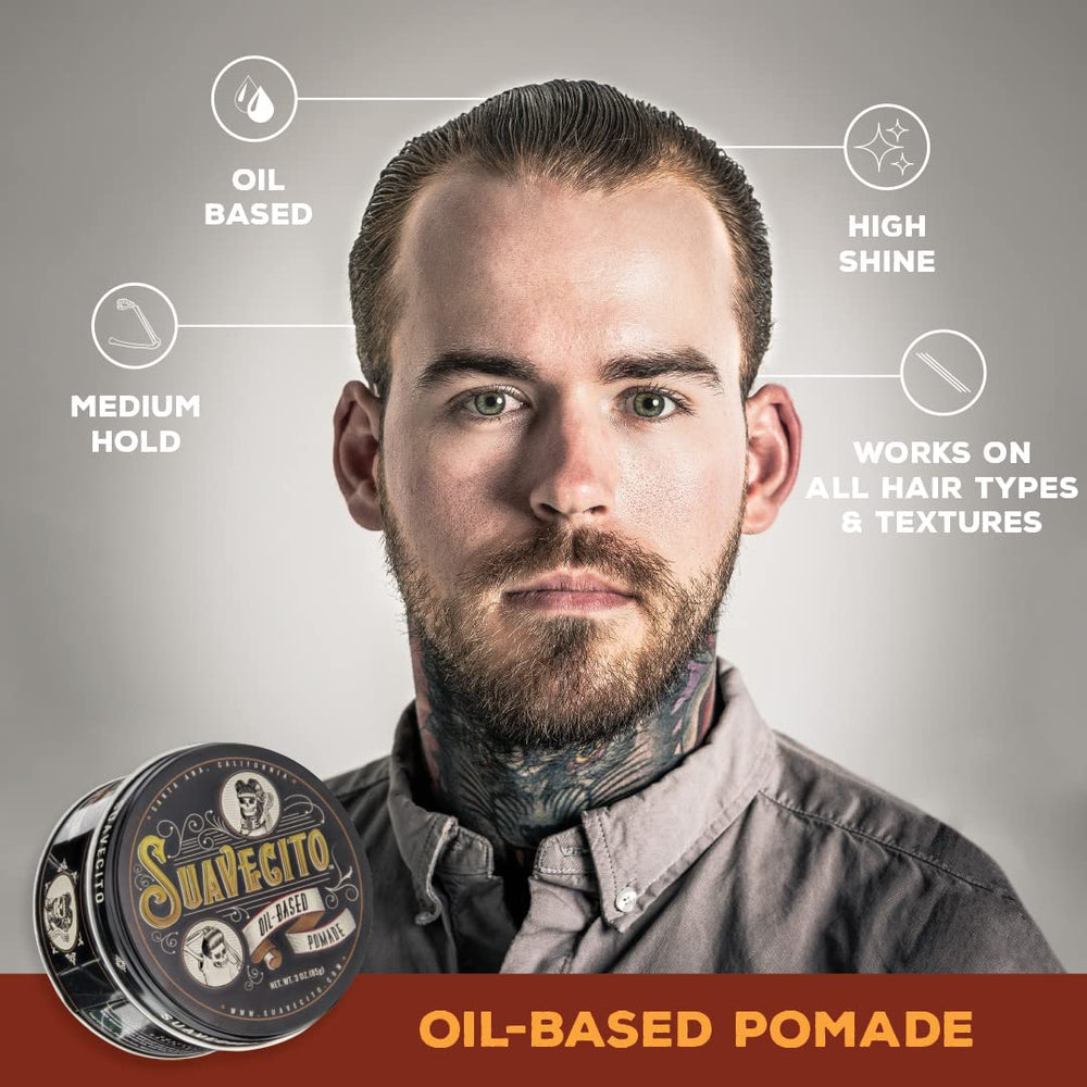Suavecito oil based pomade texture close-up shows glossy, workable shine.