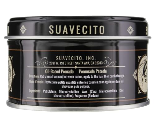 Suavecito oil based pomade tin side label emphasizes original fragrance.