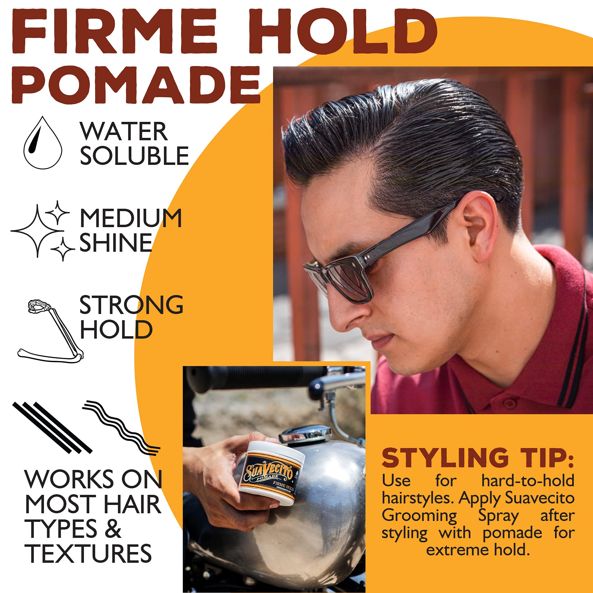 Suavecito Pomade Firme bottle closeup showing wax-like texture for bold styling.
