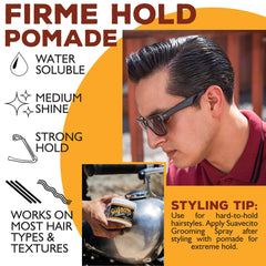 Suavecito Pomade Firme Hold 4oz tube closeup highlights creamy texture for easy application.