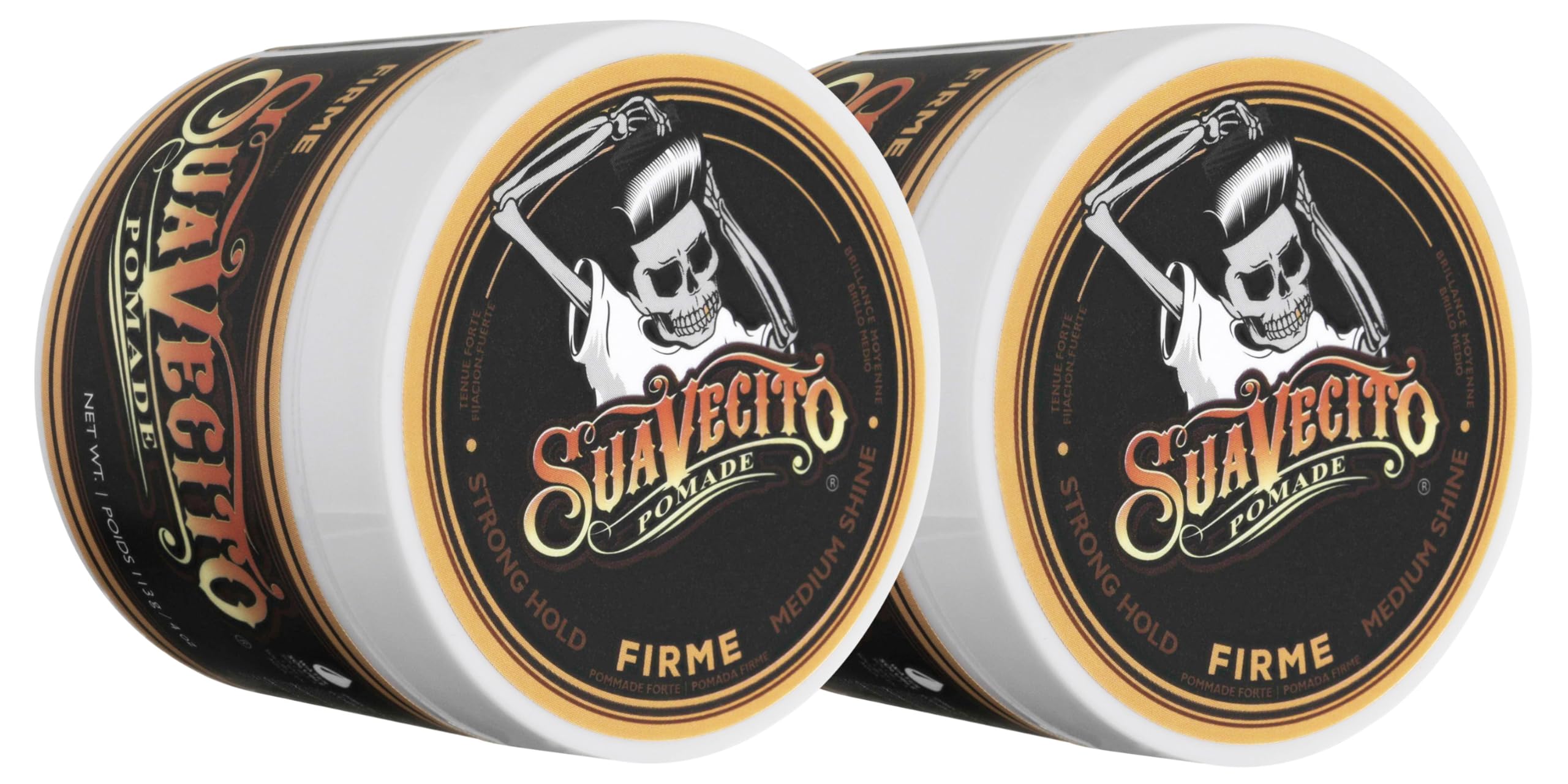 Suavecito Pomade Firme Hold pack front shows strong hold for all-day styling.