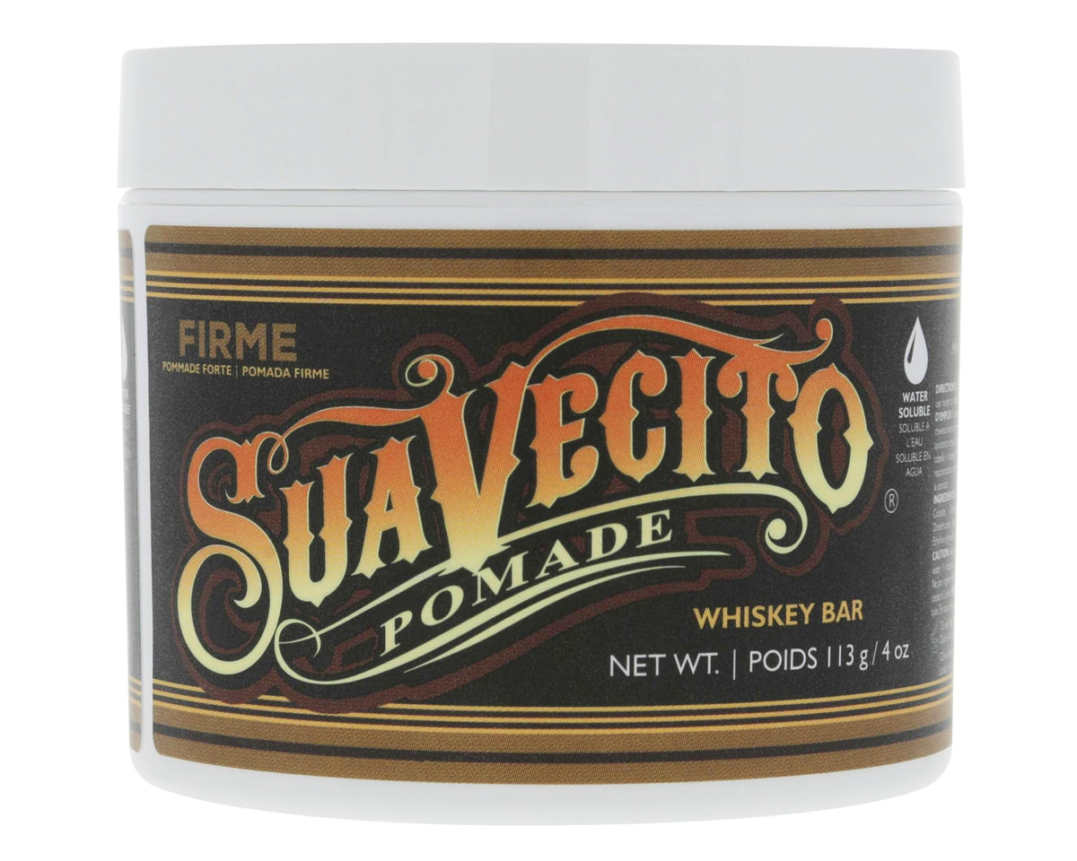 Suavecito Pomade Firme bottle demonstrates strong hold for all-day slick styles