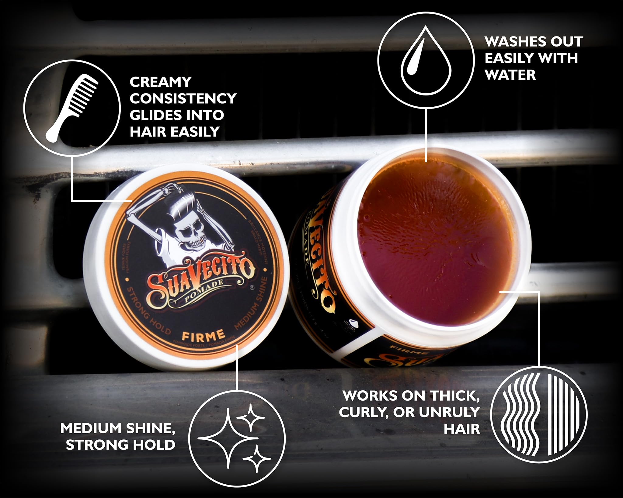 Suavecito Pomade Firme creamy texture enables pompadour styling with secure hold.