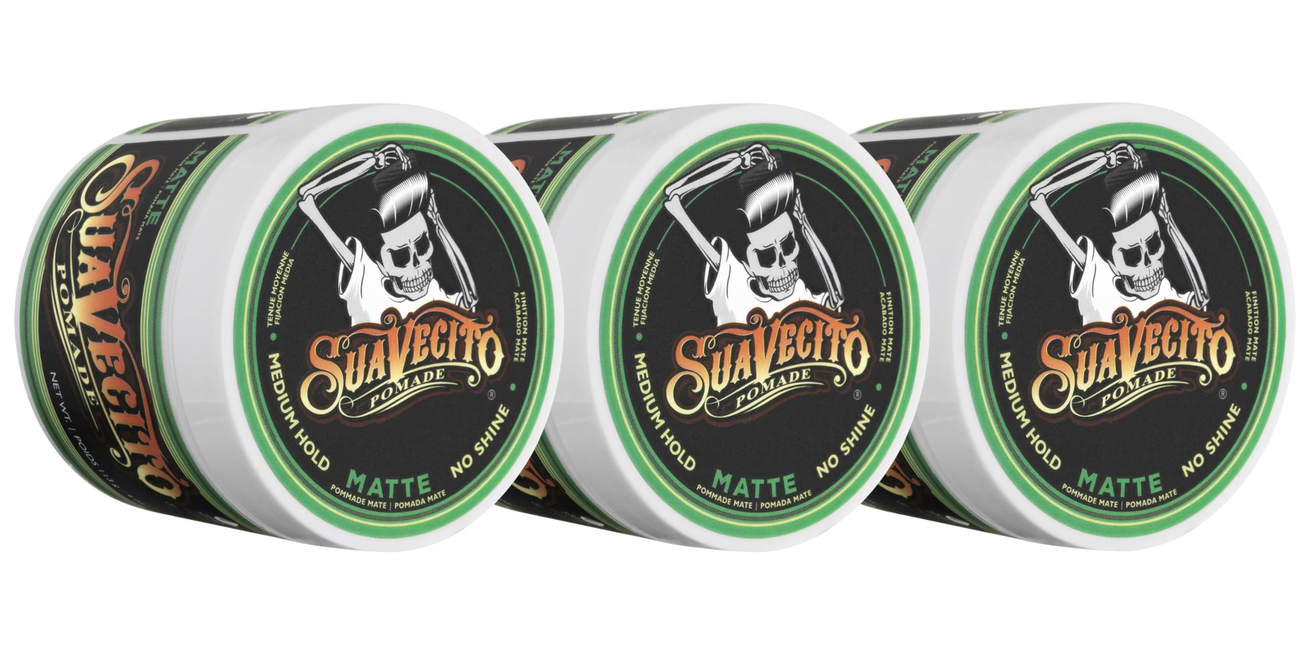 Suavecito Pomade Matte 3-pack bottles show matte hold for versatile styles.