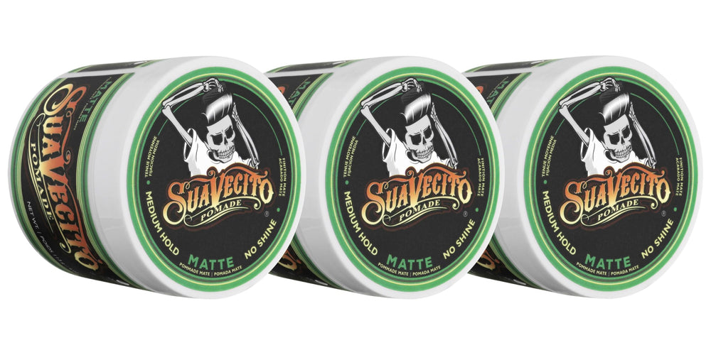 Suavecito Pomade Matte 3-pack bottles show matte hold for versatile styles.