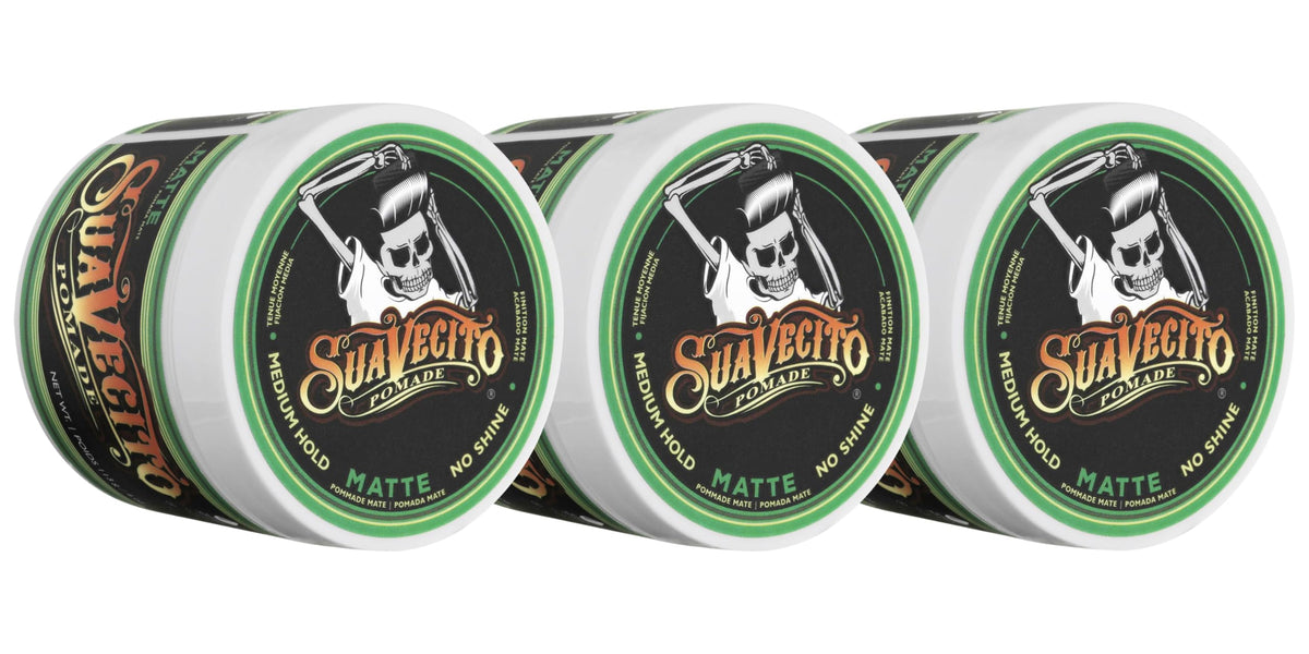 Suavecito Pomade Matte 3-pack bottles show matte hold for versatile styles.