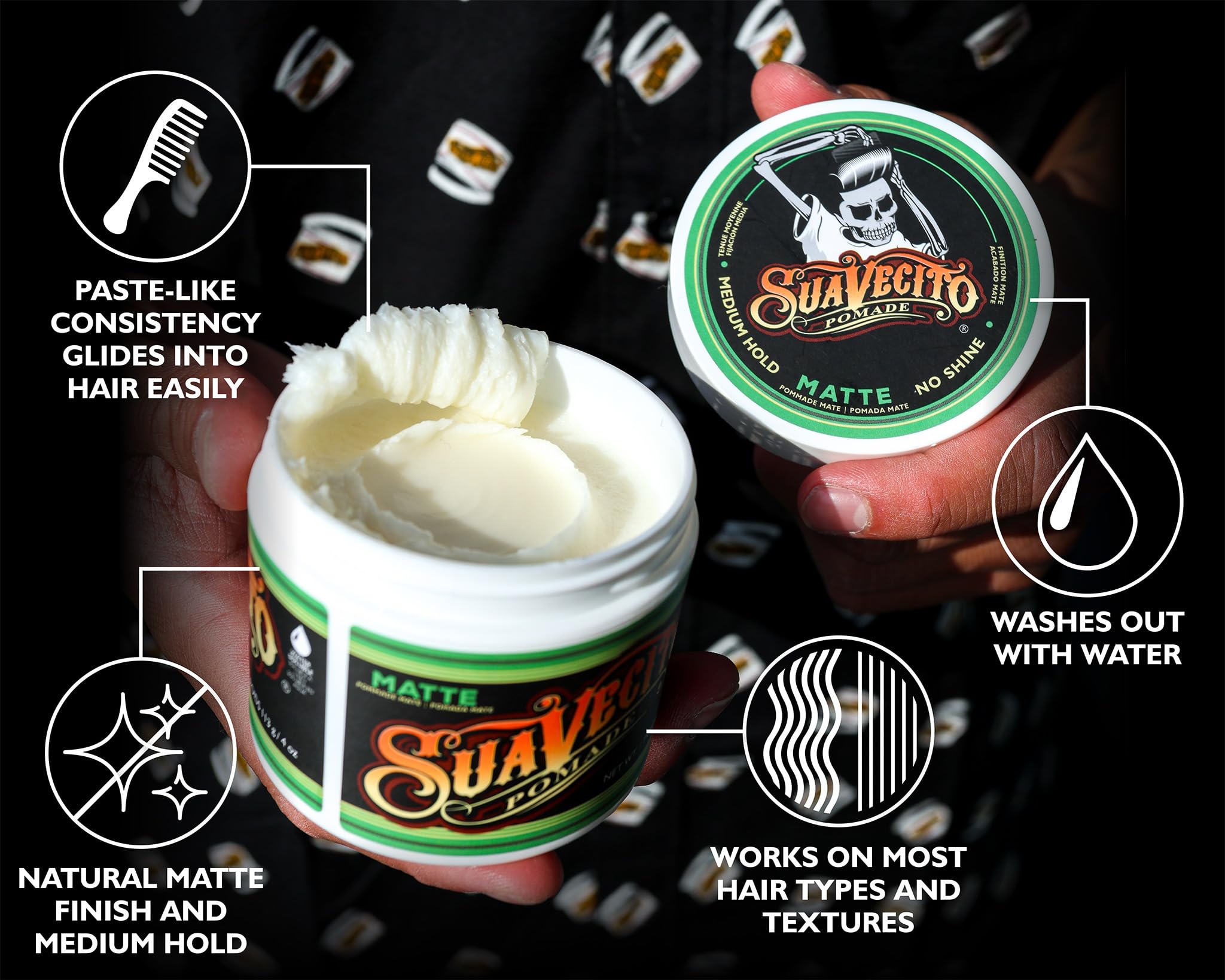 Hair back slick look using Suavecito Pomade Matte achieves a clean, low-shine silhouette