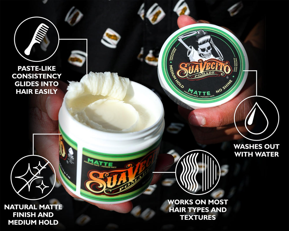 Hair back slick look using Suavecito Pomade Matte achieves a clean, low-shine silhouette