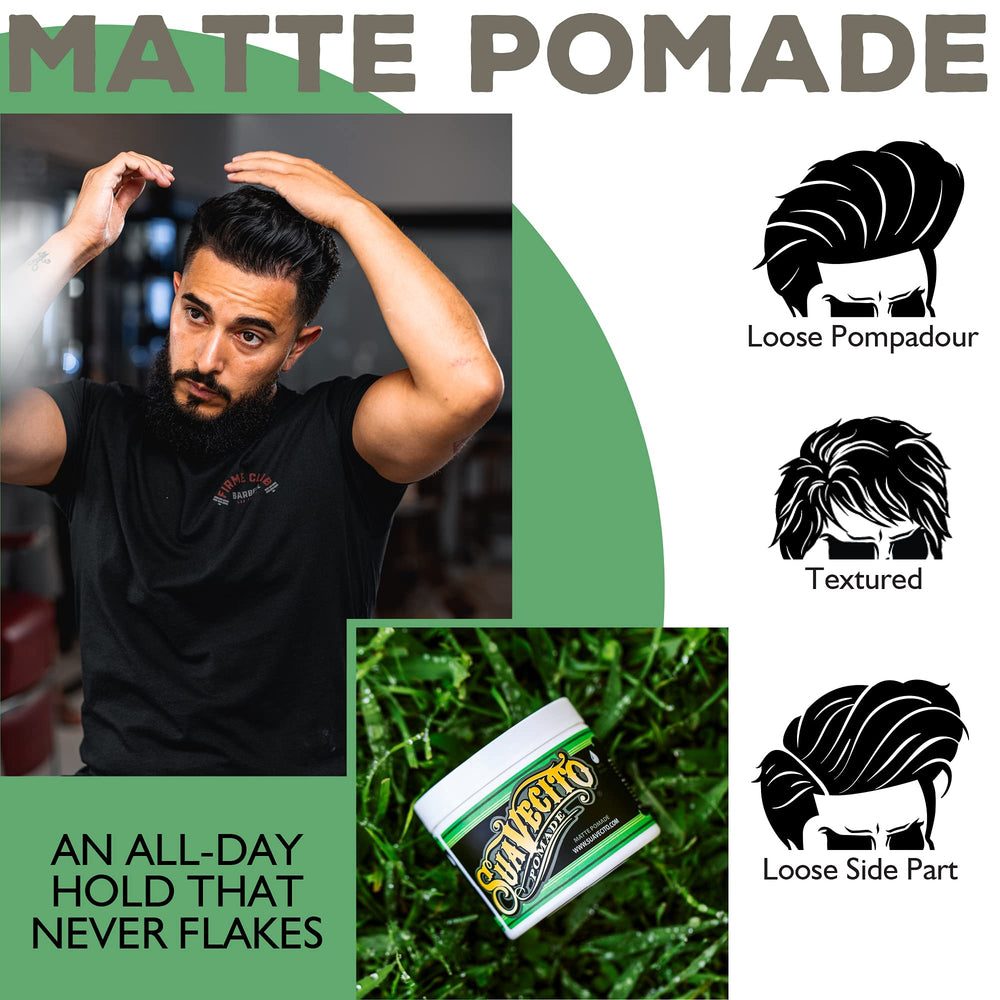 Suavecito Matte Pomade being worked through hair for shine-free, natural texture.