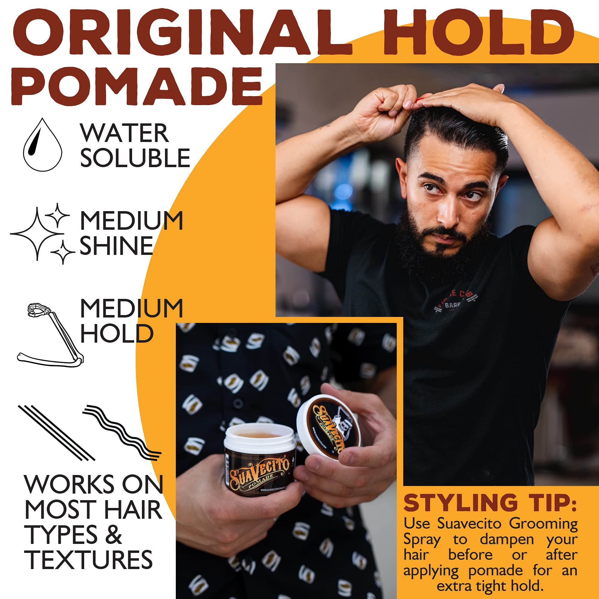 Suavecito Pomade Original Hold packaging on display, three 4-ounce jars for daily use.