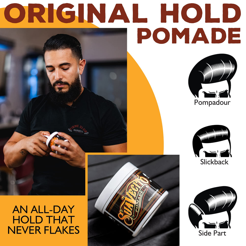 Suavecito Pomade Original Hold bottle and shine level for versatile styling.