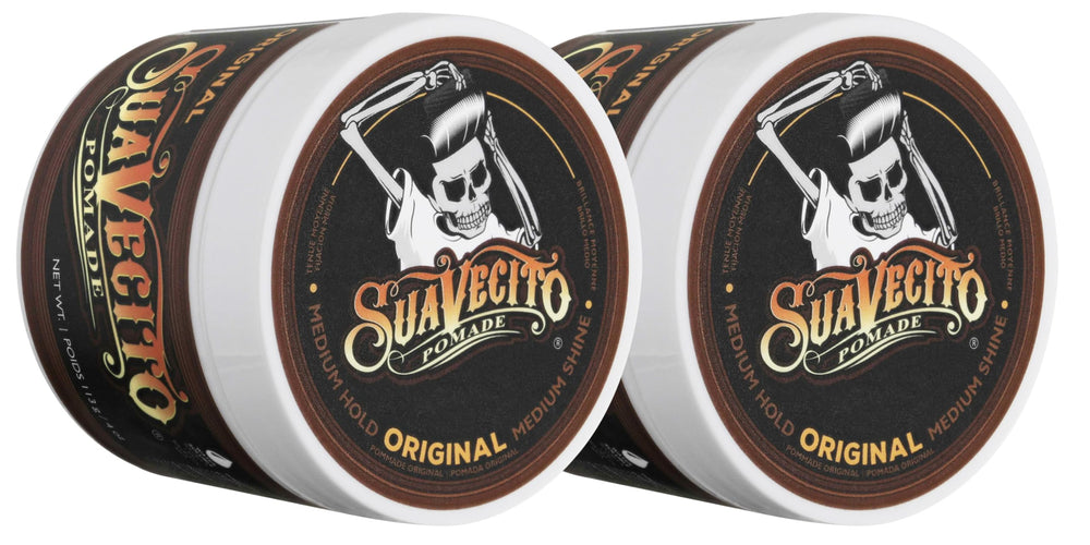 Suavecito Pomade Original jar shows easy-to-apply, medium-hold formula for all-day style.