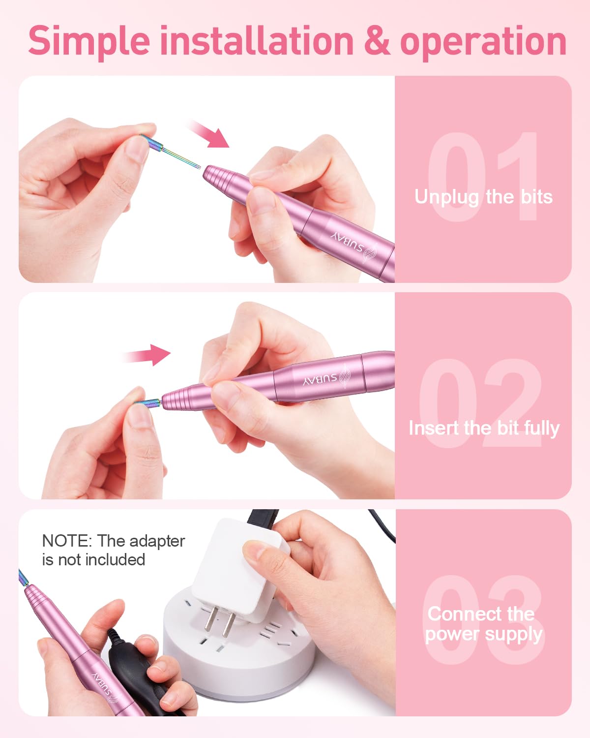 SUBAY nail drill adjustable speed and forward reverse direction for tailored care sessions.