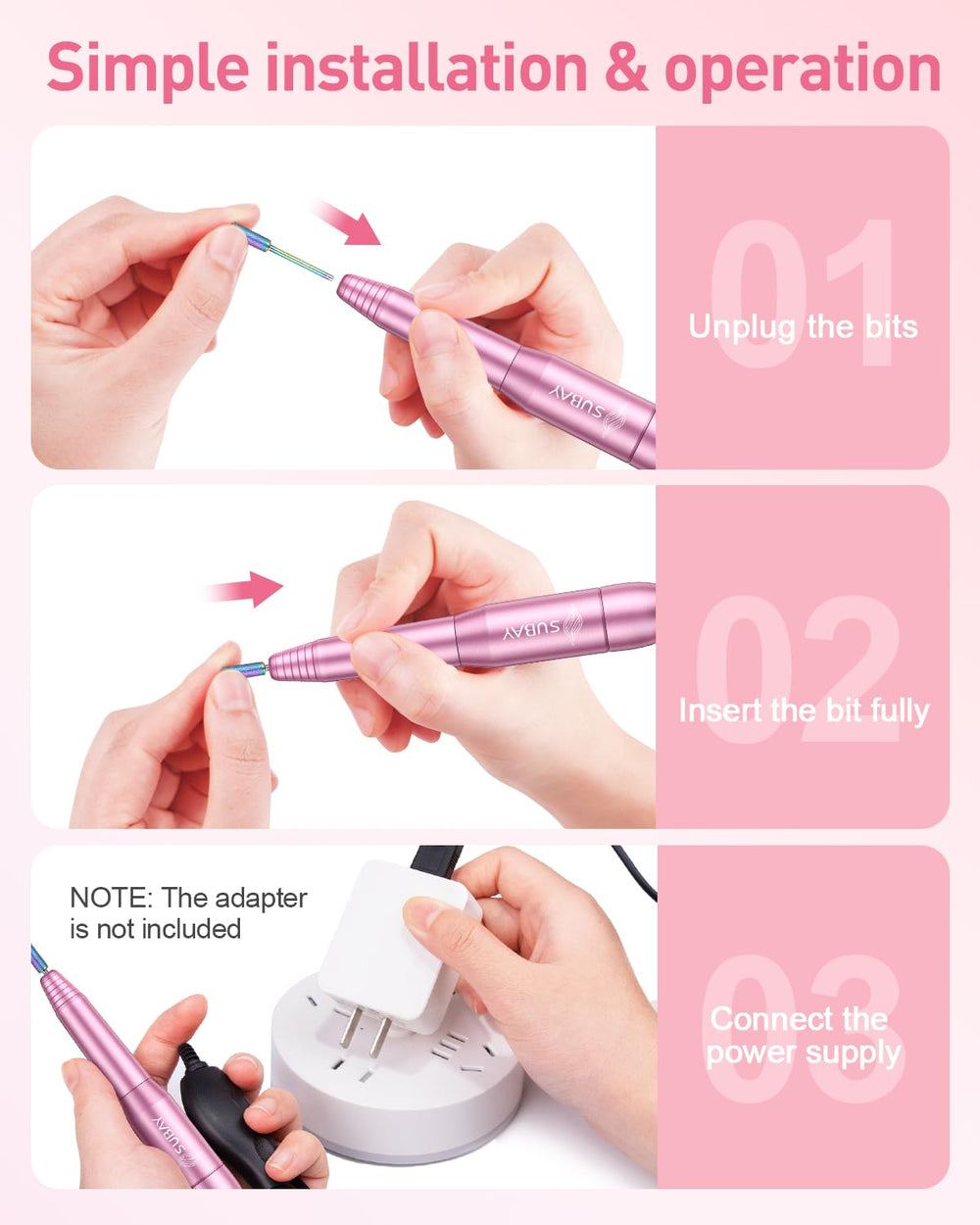 SUBAY nail drill adjustable speed and forward reverse direction for tailored care sessions.