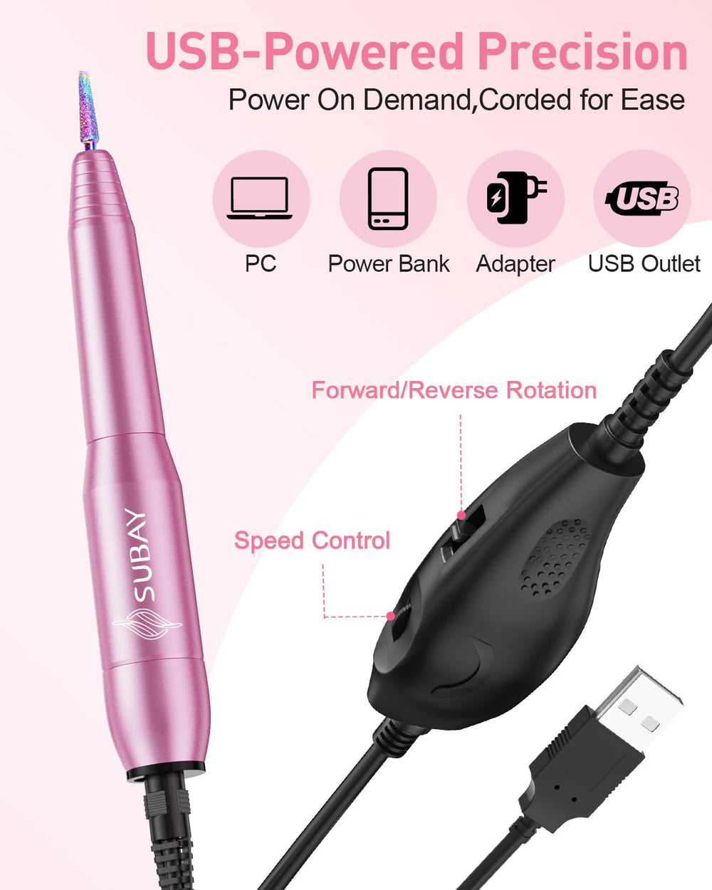 SUBAY nail drill kit contents including USB cable and manual for quick setup.
