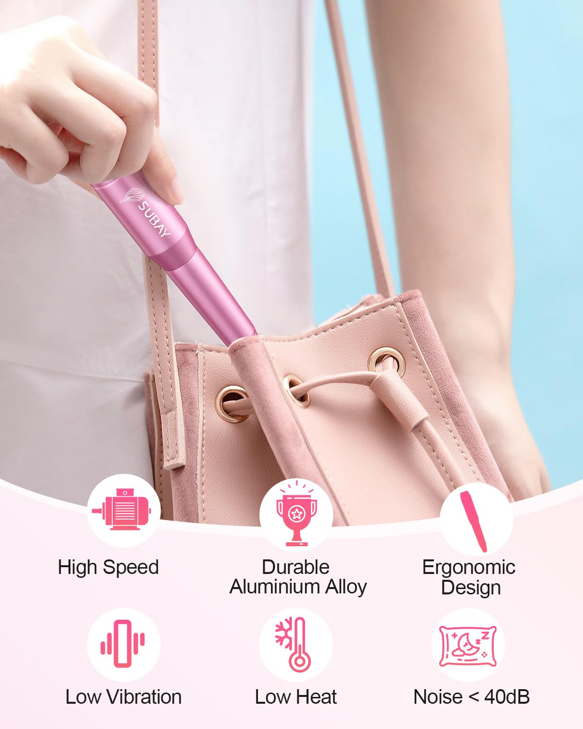 SUBAY nail drill low-noise low-heat design for comfortable home manicures and pedicures.