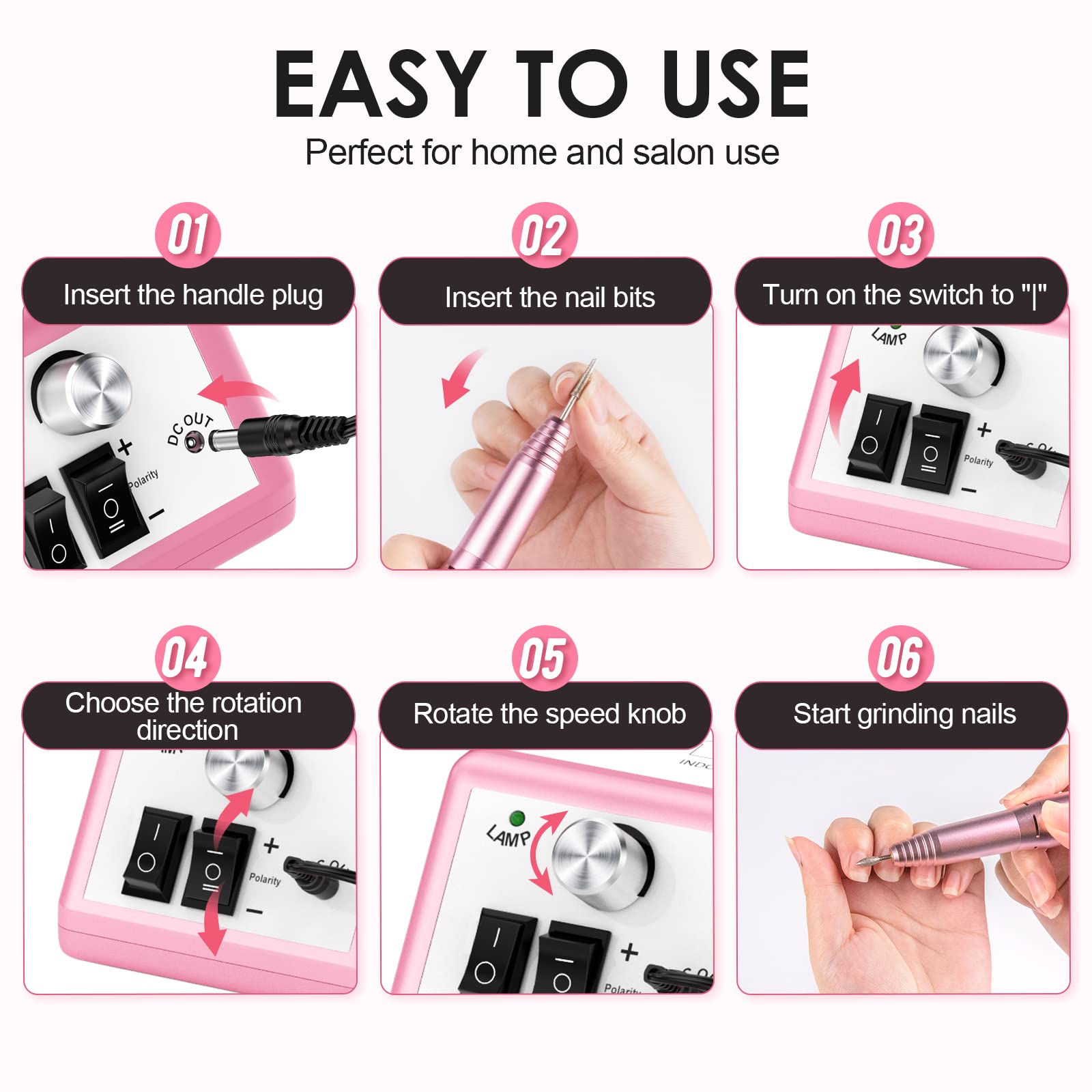 SUBAY pink handheld nail drill is lightweight with low noise and vibration.