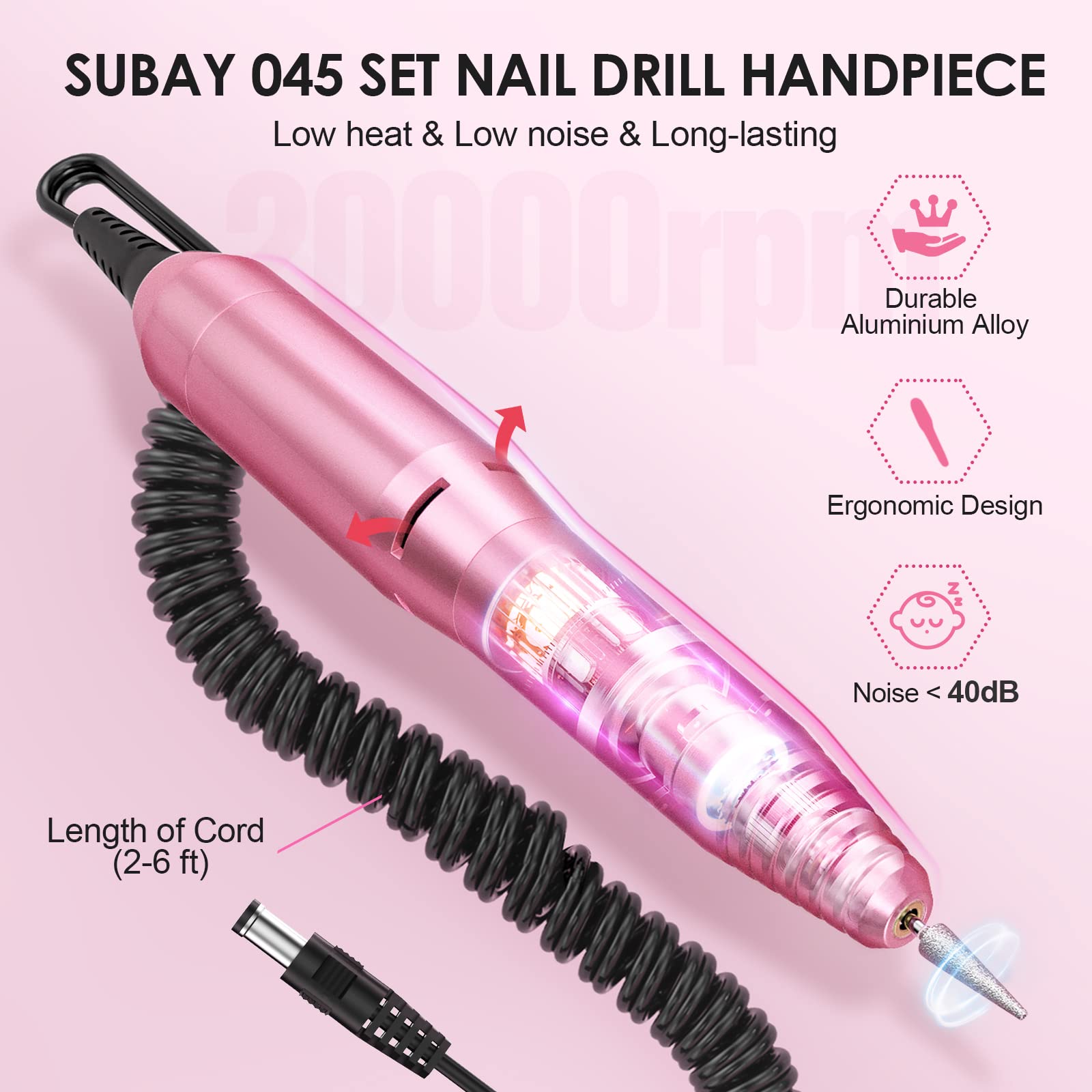 SUBAY nail drill six-hole bit insert design for quick bit changes.