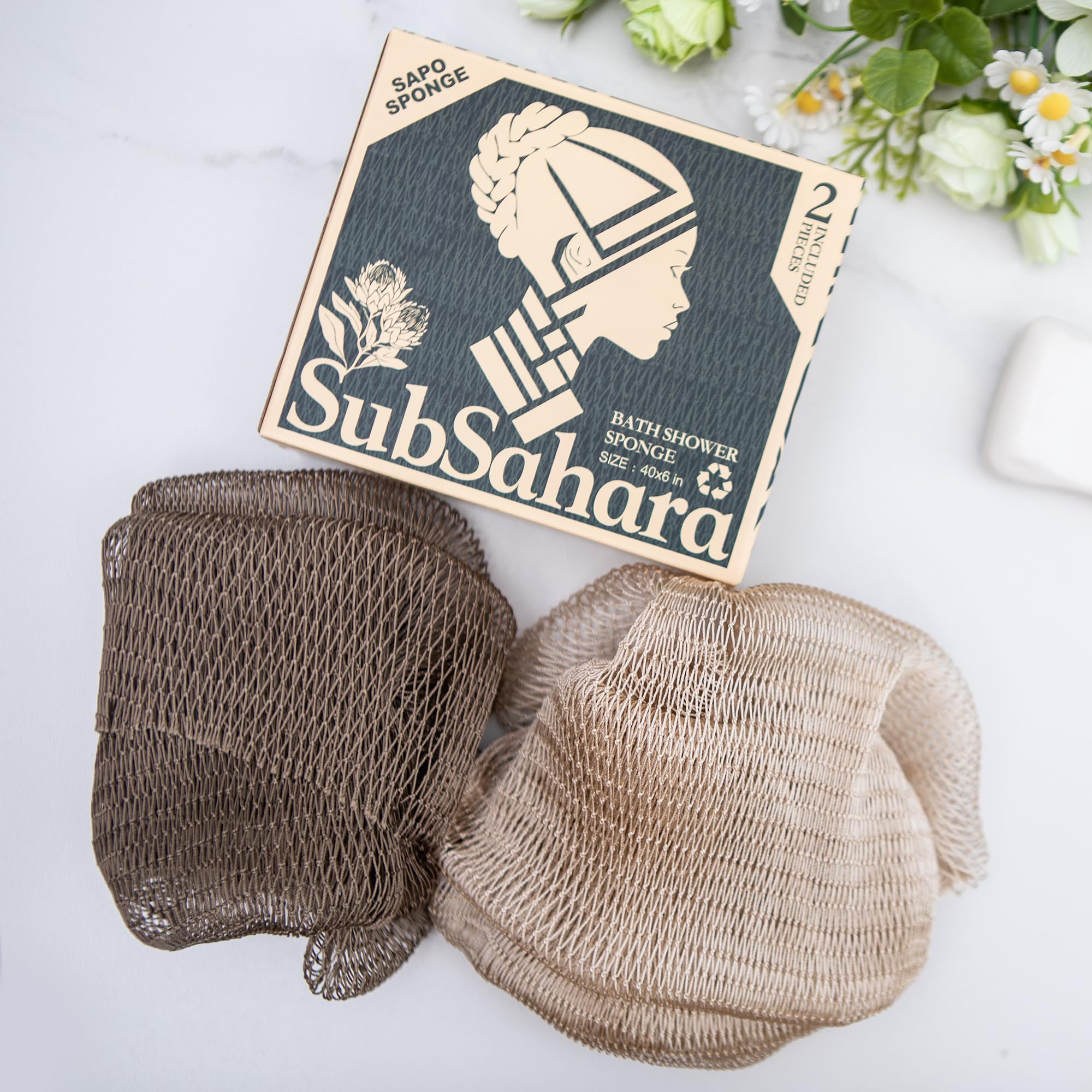 SubSahara net sponge knots closeup highlighting authentic knot pattern and textured exfoliation.