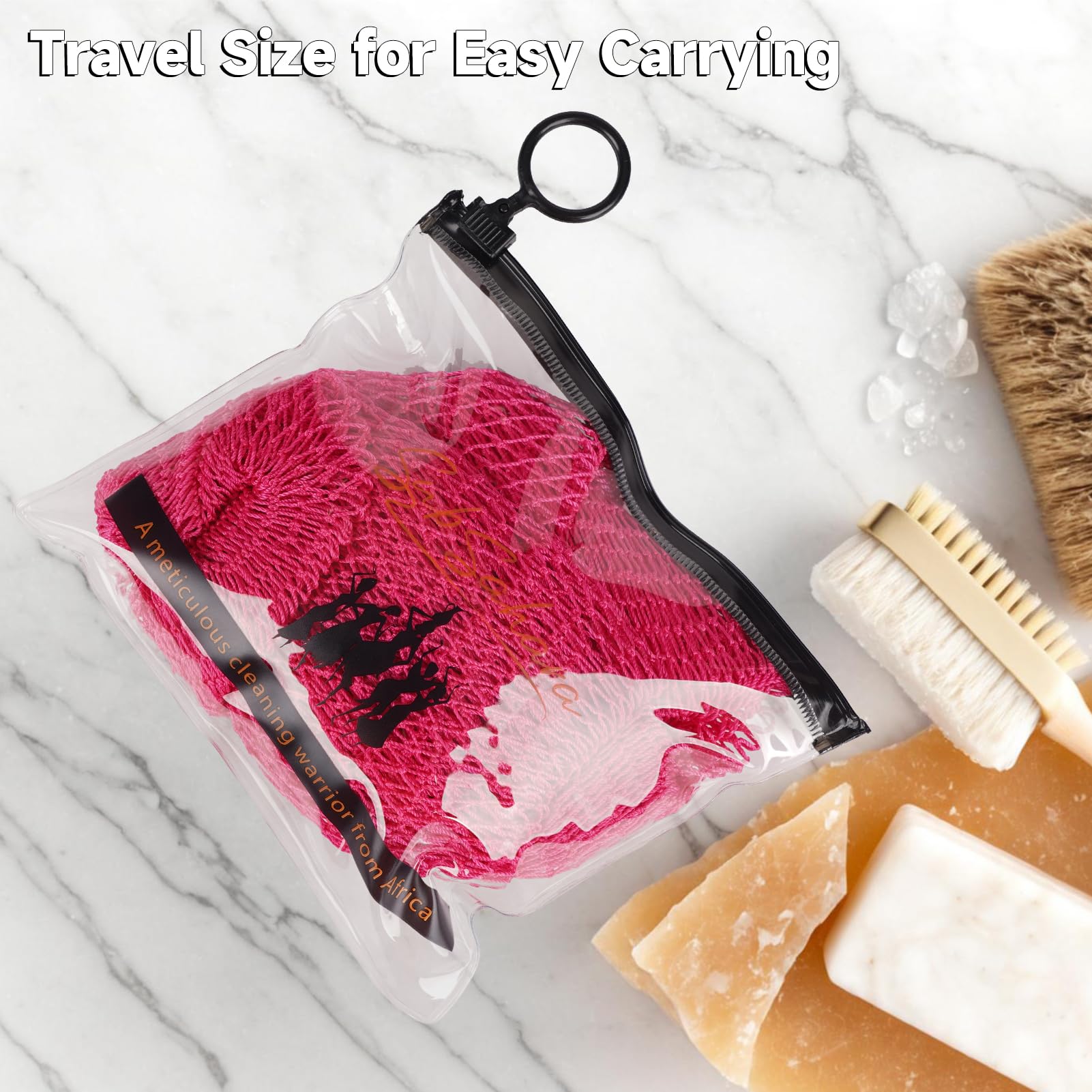 SubSahara authentic African net sponge travel pack shows compact pouch for travel routines