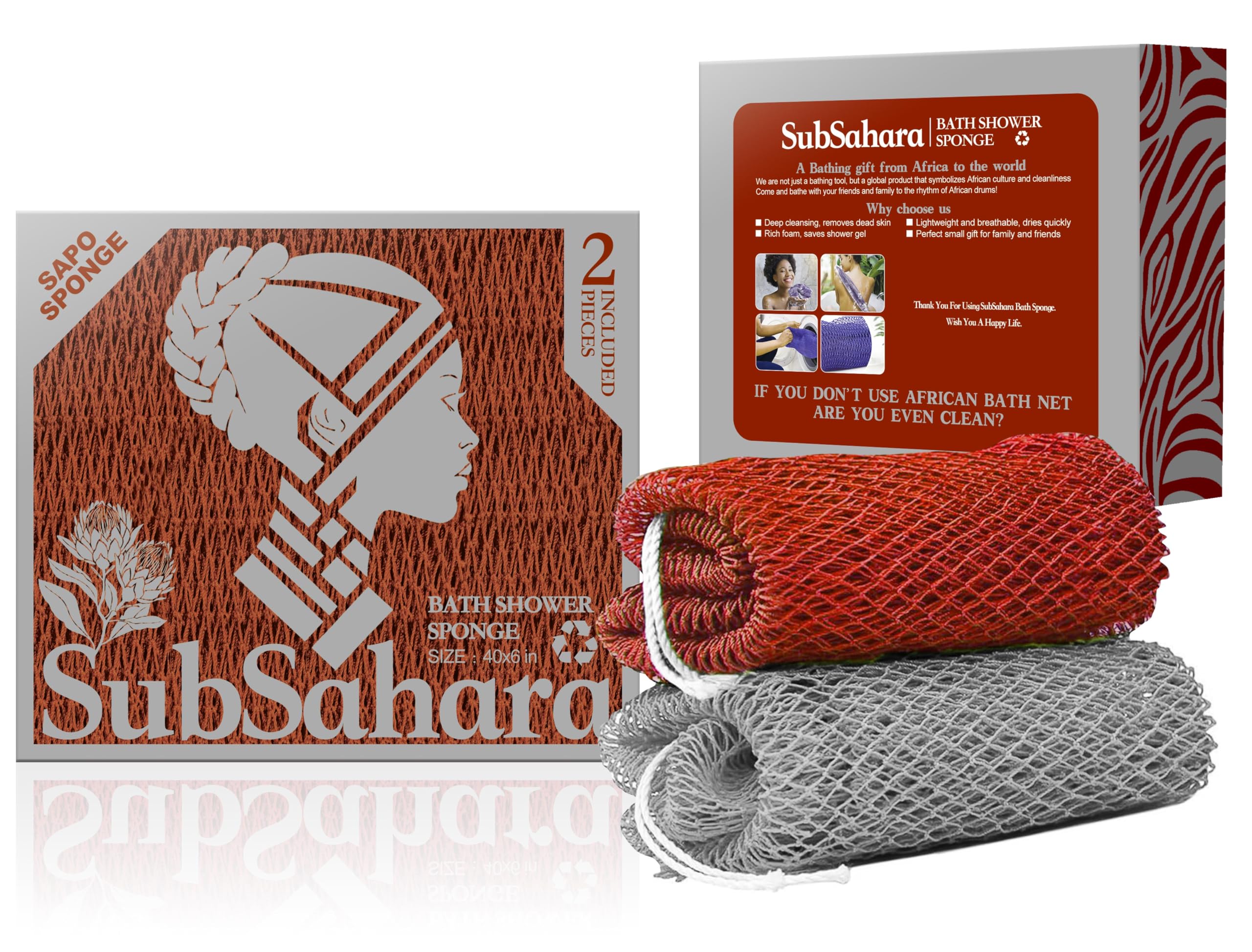 SubSahara esponja de red africana autentica con nudo, exfolia suavemente y facilita el cuidado diario.