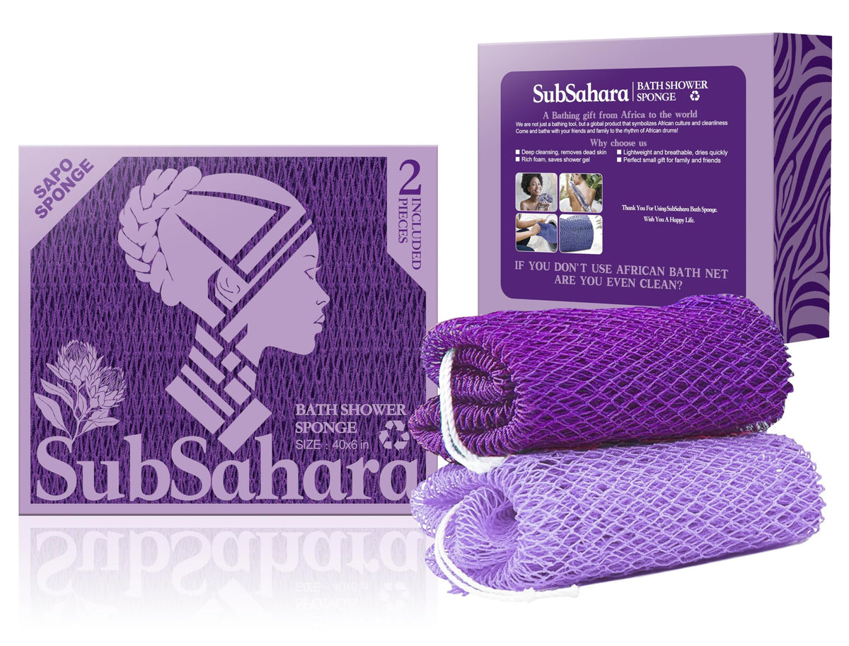SubSahara authentic African net sponge in deep purple highlights durable knots for gentle exfoliation.