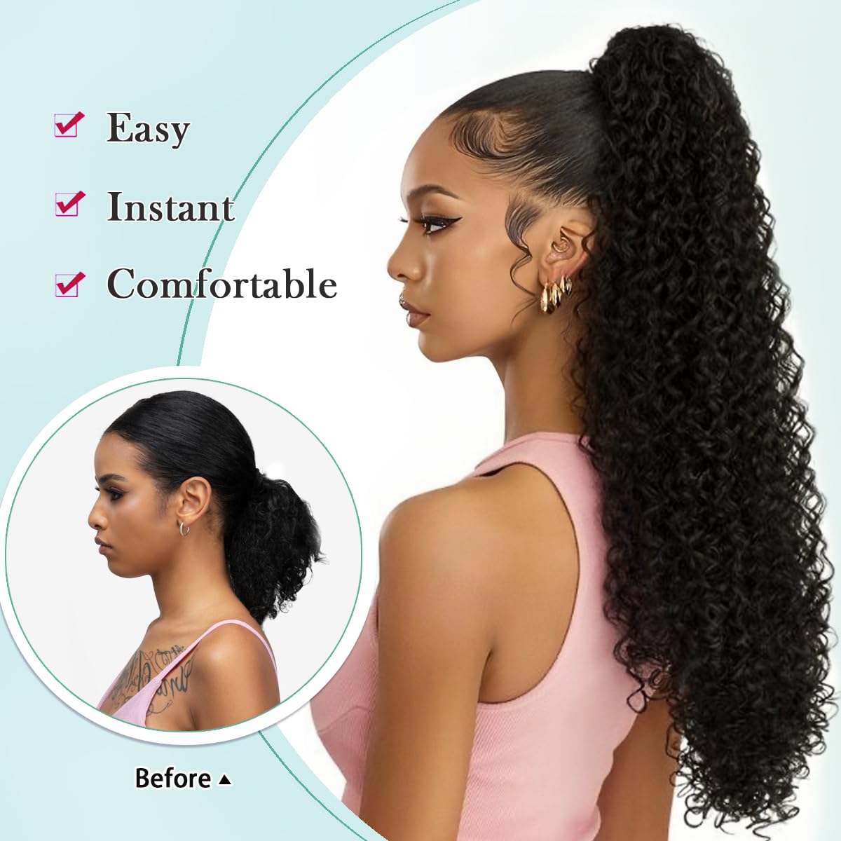 SuCoo daily use ponytail demonstrates voluminous waves and lightweight feel.