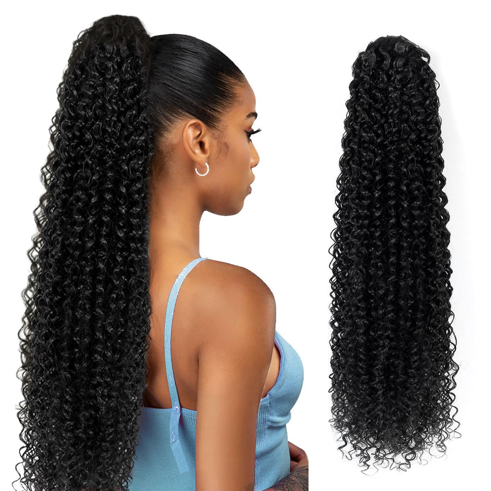 SuCoo drawstring ponytail extension close up with secure closure for quick styling.