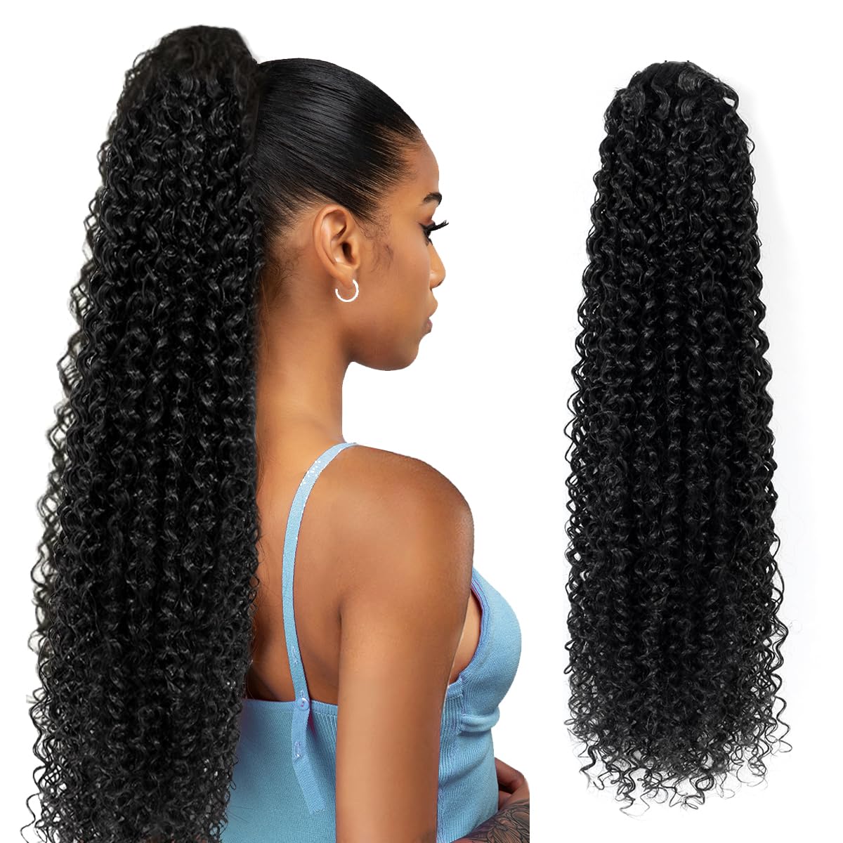 SuCoo drawstring ponytail extension close up with secure closure for quick styling.