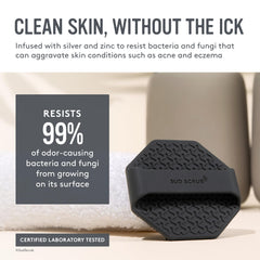 Sud Scrub antimicrobial silicone brush highlights durable, easy-clean cleansing.
