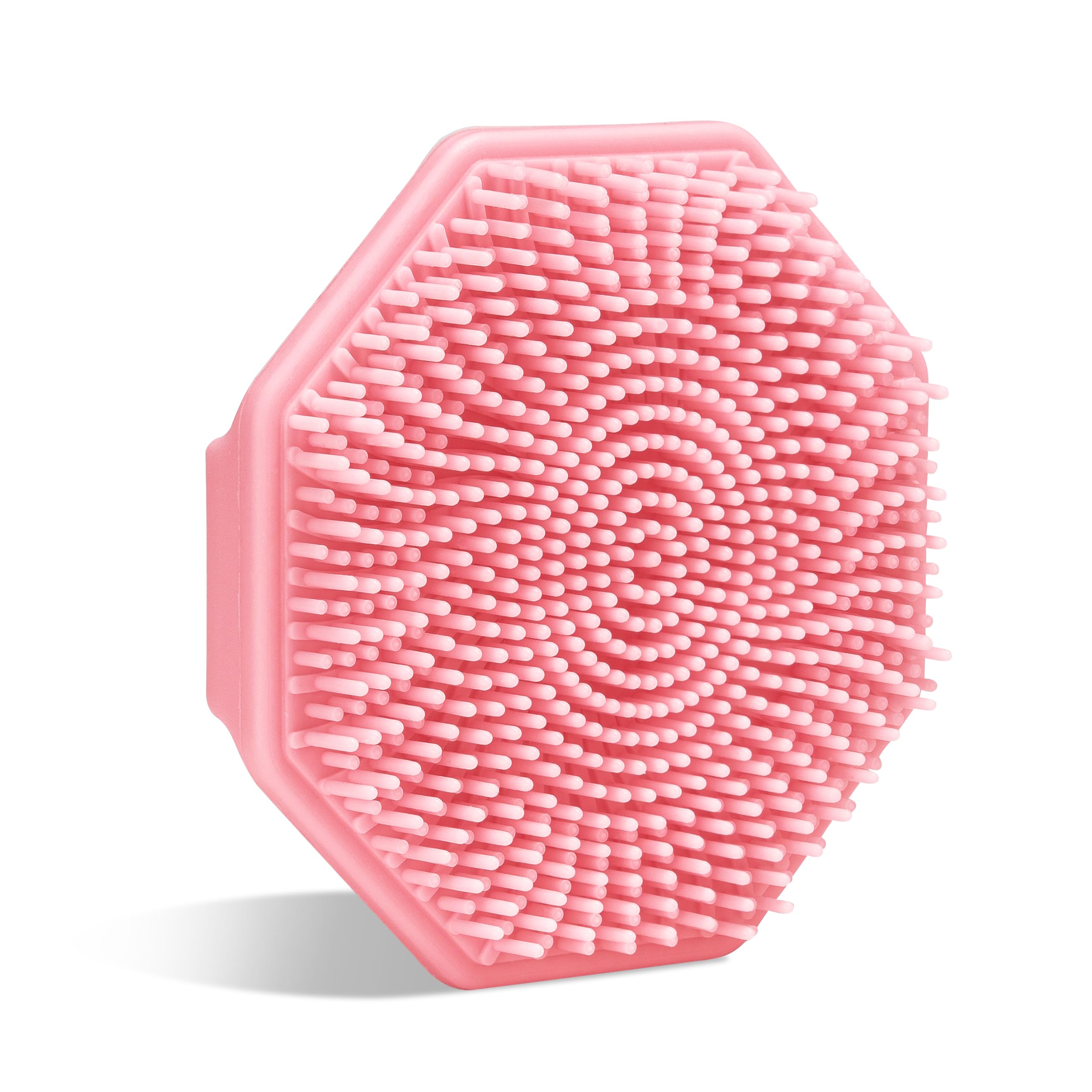 Sud Scrub antimicrobial silicone face scrubber in pink showing gentle exfoliation action.