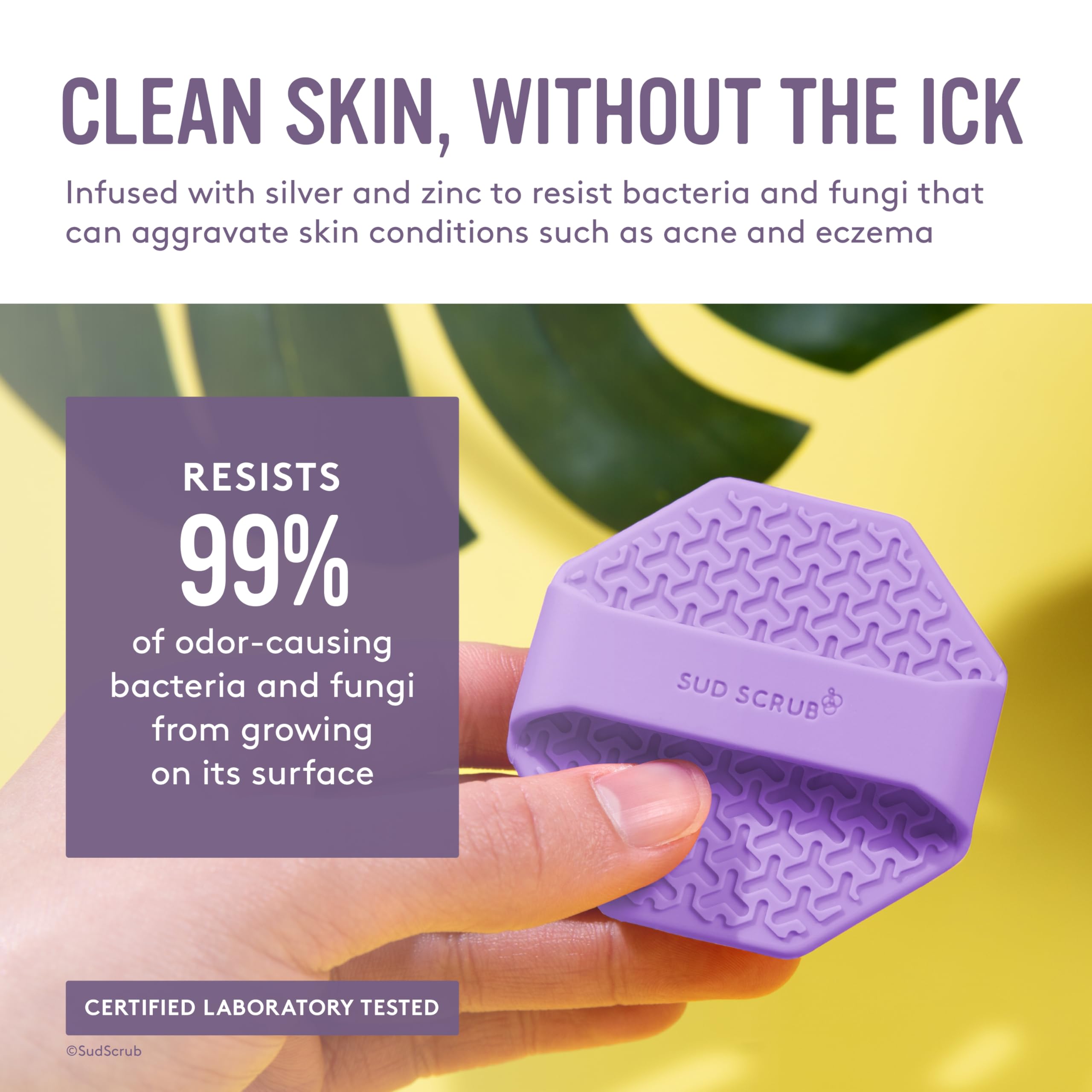 Sud Scrub antimicrobial silicone face scrubber purple pack shot highlights compact eco-friendly cleansing.