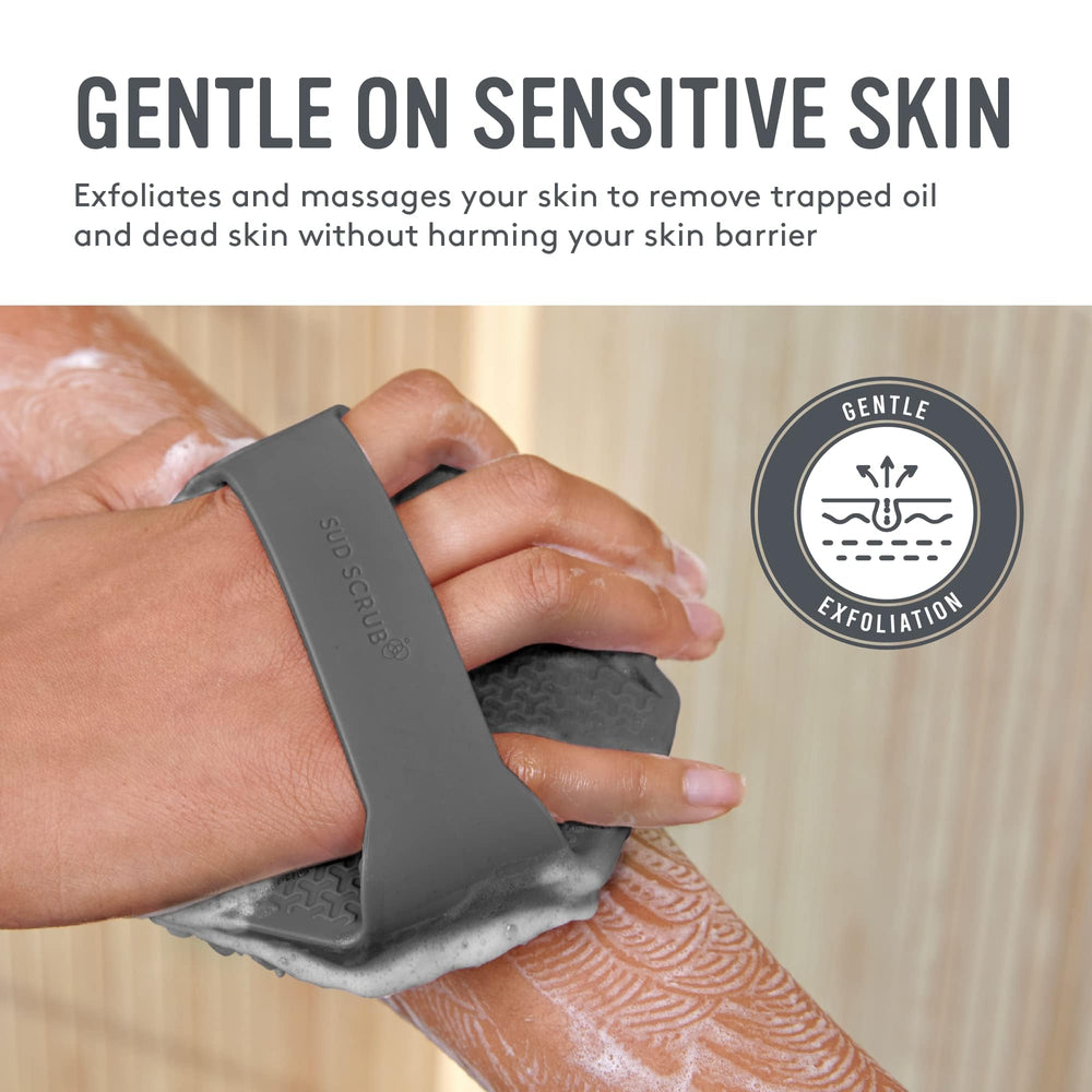 Sud Scrub charcoal exfoliation fins for gentle skin smoothing.