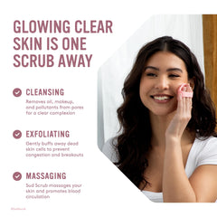 Sud Scrub ergonomic finger strap design in pink for secure grip during cleansing.