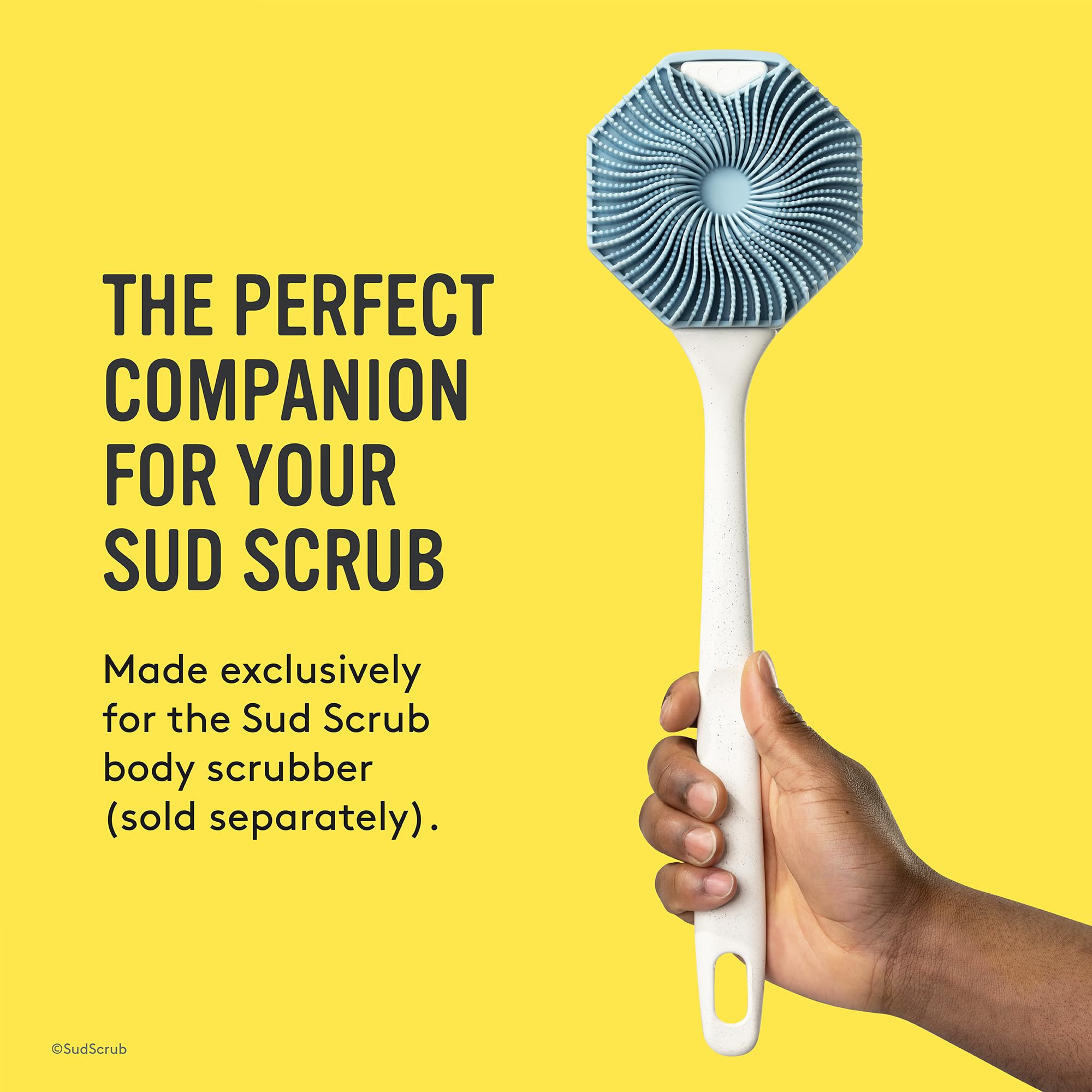 Sud Scrub Extender Handle attached to Sud Scrub body scrubber showing perfect fit