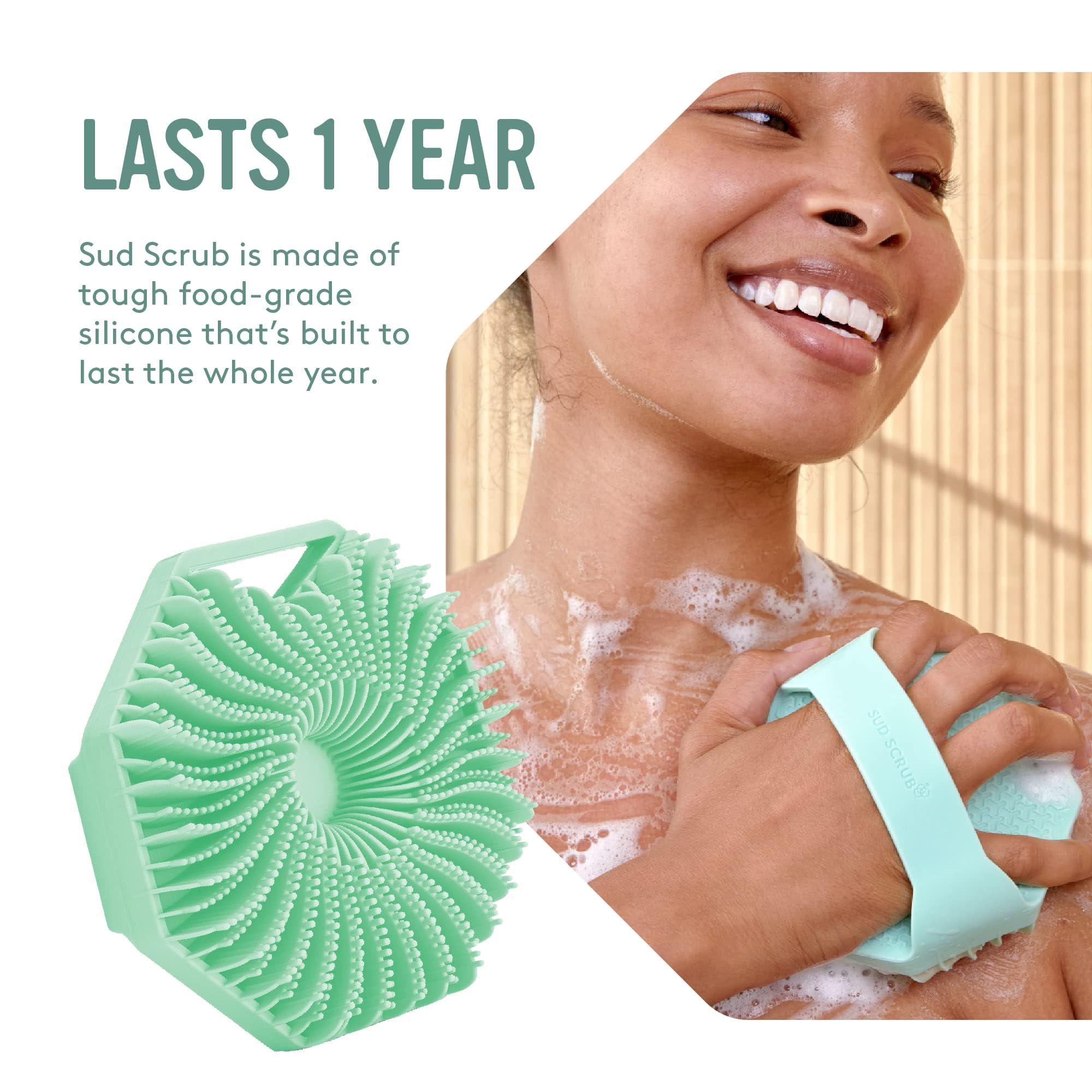 Sud Scrub in-shower use mint highlights easy, refreshing cleansing routine.