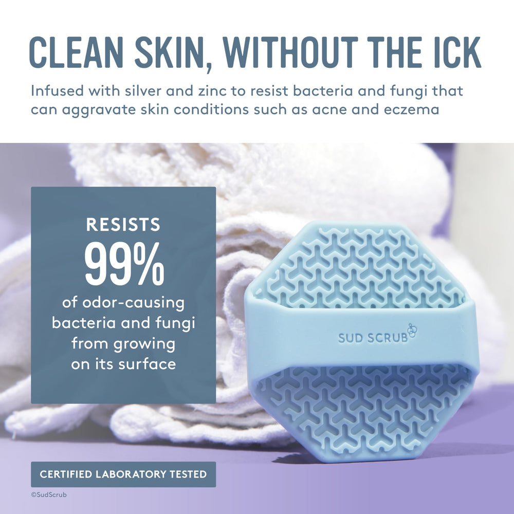 Sud Scrub silicone bristles closeup shows soft exfoliation on sensitive skin.