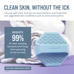Sud Scrub silicone bristles closeup shows soft exfoliation on sensitive skin.