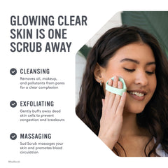 Sud Scrub soft exfoliating bristles gently remove oil for sensitive skin.
