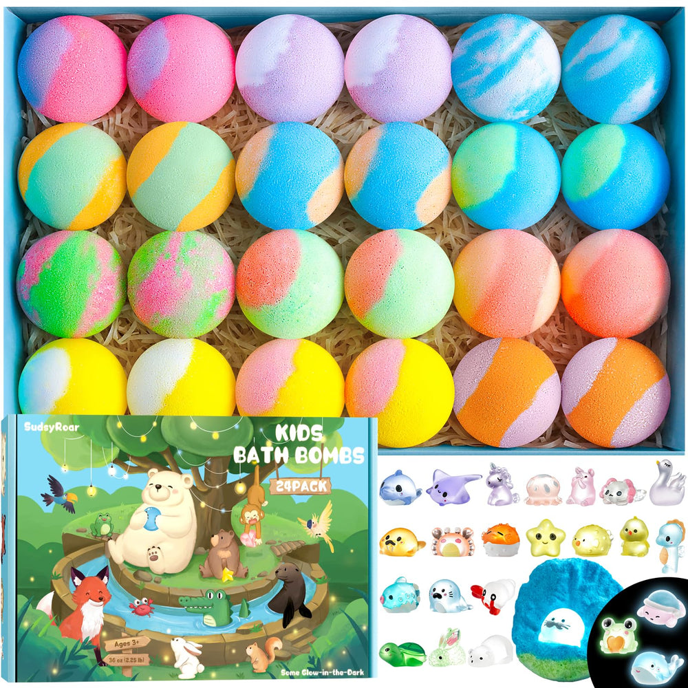 SudsyRoar bath bombs with glow-in-the-dark toys provide fun at bath time.